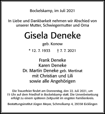 Traueranzeige von Gisela Deneke von Cellesche Zeitung