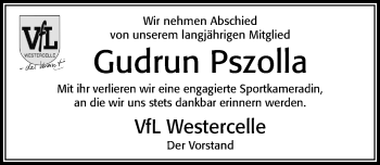 Traueranzeige von Gudrun Pszolla von Cellesche Zeitung