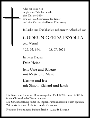 Traueranzeige von Gudrun Gerda Pszolla von Cellesche Zeitung