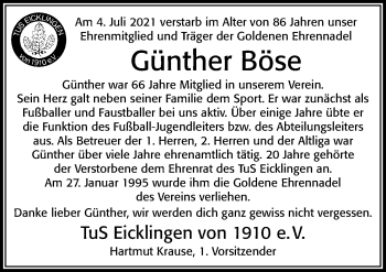 Traueranzeige von Günther Böse von Cellesche Zeitung