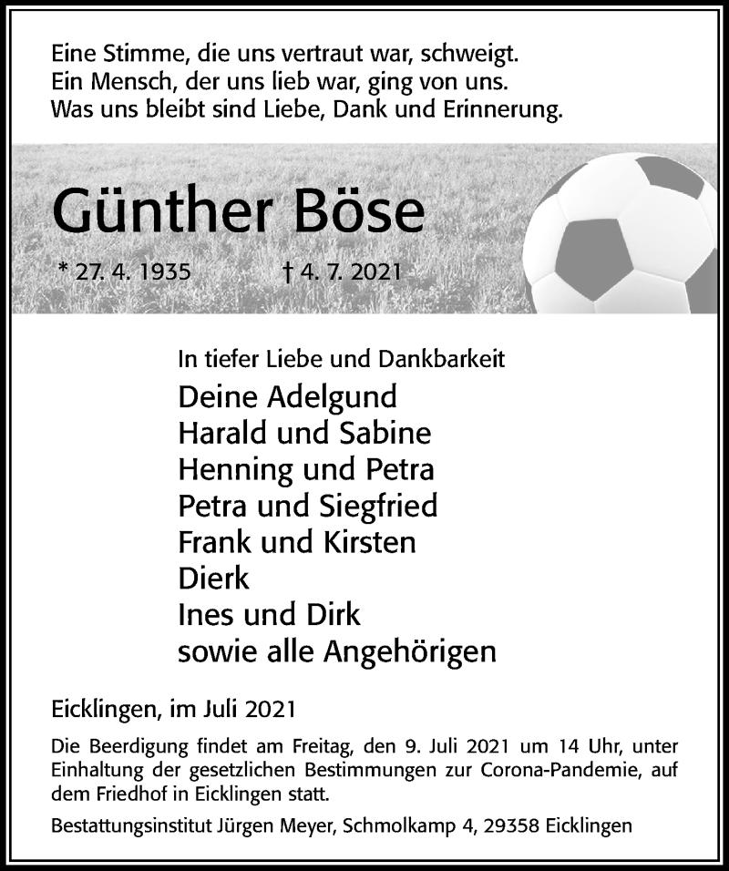  Traueranzeige für Günther Böse vom 07.07.2021 aus Cellesche Zeitung