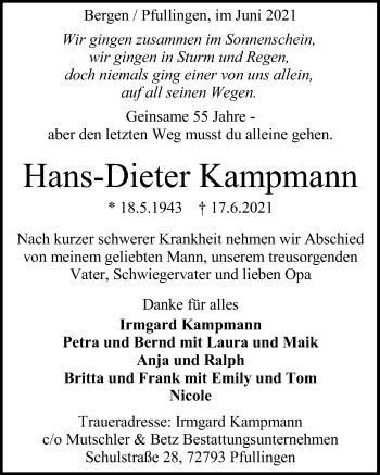 Traueranzeige von Hans-Dieter Kampmann von Cellesche Zeitung