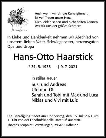 Traueranzeige von Hans-Otto Haarstick von Cellesche Zeitung