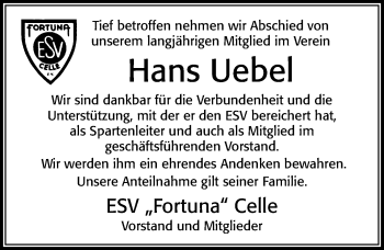 Traueranzeige von Hans Uebel von Cellesche Zeitung