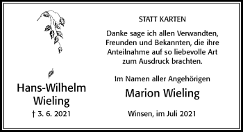 Traueranzeige von Hans-Wilhelm Wieling von Cellesche Zeitung