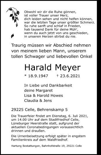 Traueranzeige von Harald Meyer von Cellesche Zeitung