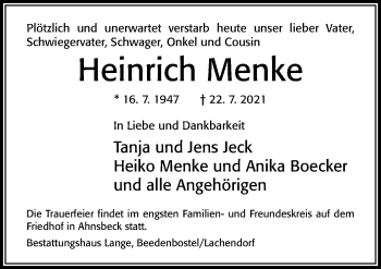 Traueranzeige von Heinrich Menke von Cellesche Zeitung