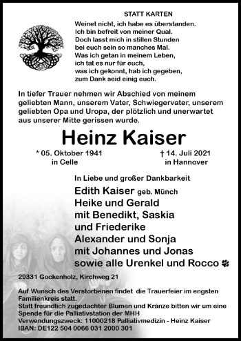 Traueranzeige von Heinz Kaiser von Cellesche Zeitung