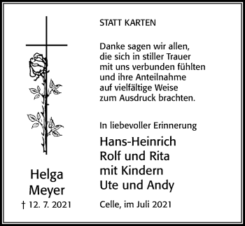 Traueranzeige von Helga Meyer von Cellesche Zeitung