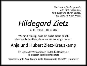 Traueranzeige von Hildegard Zietz von Cellesche Zeitung