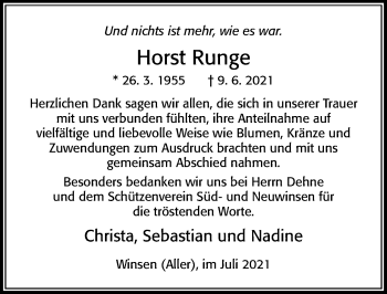 Traueranzeige von Horst Runge von Cellesche Zeitung