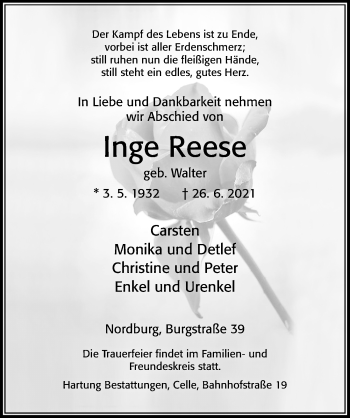 Traueranzeige von Inge Reese von Cellesche Zeitung