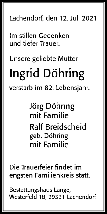 Traueranzeige von Ingrid Döhring von Cellesche Zeitung