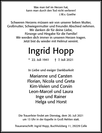 Traueranzeige von Ingrid Hopp von Cellesche Zeitung