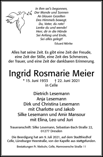 Traueranzeige von Ingrid Rosmarie Meier von Cellesche Zeitung