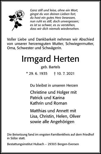 Traueranzeige von Irmgard Herten von Cellesche Zeitung