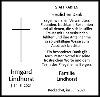 Traueranzeige von Irmgard Lindhorst von Cellesche Zeitung