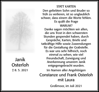 Traueranzeige von Janik Osterloh von Cellesche Zeitung