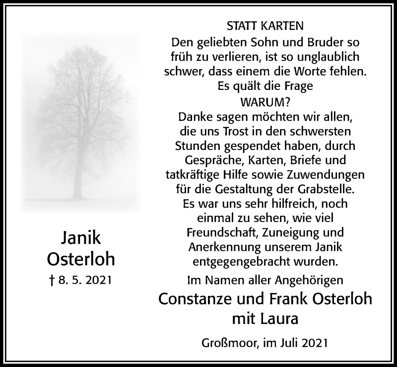  Traueranzeige für Janik Osterloh vom 17.07.2021 aus Cellesche Zeitung