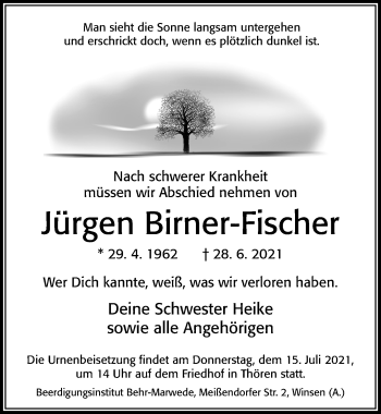 Traueranzeige von Jürgen Birner-Fischer von Cellesche Zeitung