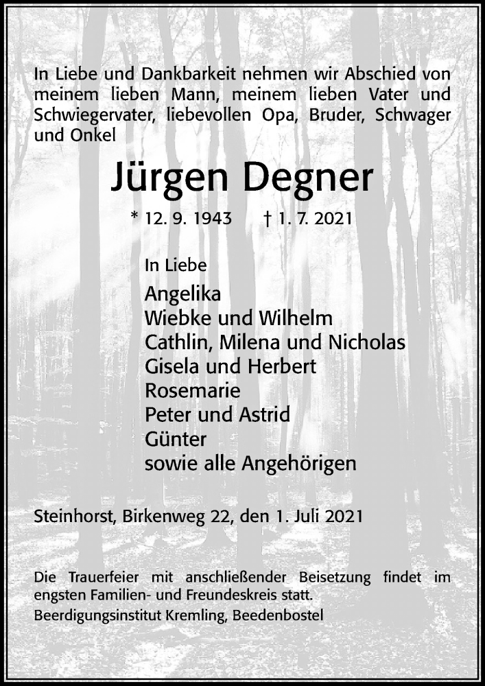  Traueranzeige für Jürgen Degner vom 03.07.2021 aus Cellesche Zeitung