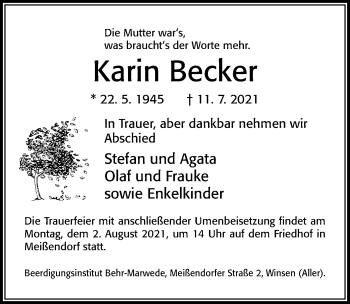 Traueranzeige von Karin Becker von Cellesche Zeitung