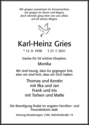 Traueranzeige von Karl-Heinz Gries von Cellesche Zeitung