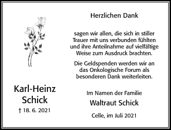 Traueranzeige von Karl-Heinz Schick von Cellesche Zeitung