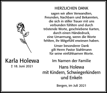 Traueranzeige von Karla Holewa von Cellesche Zeitung