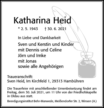 Traueranzeige von Katharina Heid von Cellesche Zeitung