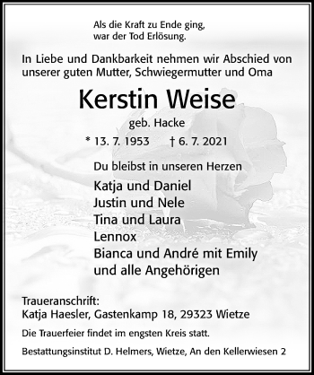 Traueranzeige von Kerstin Weise von Cellesche Zeitung