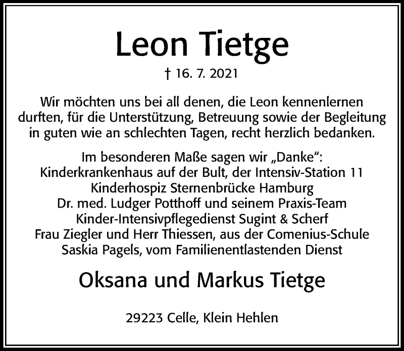  Traueranzeige für Leon Tietge vom 24.07.2021 aus Cellesche Zeitung