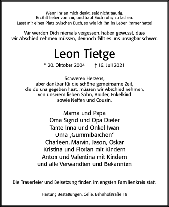 Traueranzeige von Leon Tietge von Cellesche Zeitung
