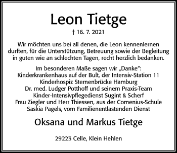 Traueranzeige von Leon Tietge von Cellesche Zeitung