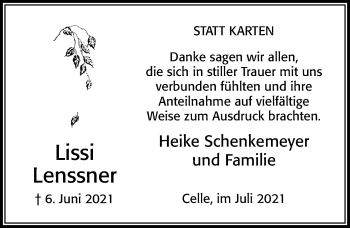 Traueranzeige von Lissi Lenssner von Cellesche Zeitung