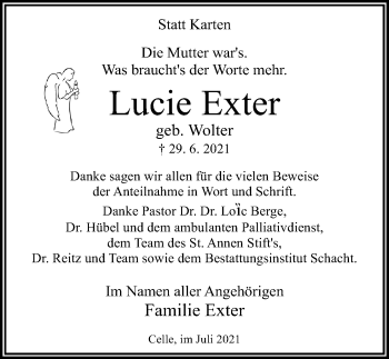 Traueranzeige von Lucie Exter von Cellesche Zeitung