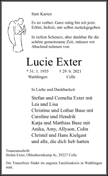 Traueranzeige von Lucie Exter von Cellesche Zeitung