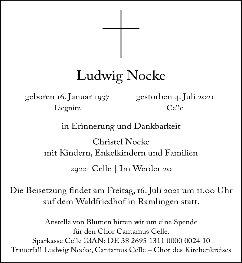  Traueranzeige für Ludwig Nocke vom 10.07.2021 aus Cellesche Zeitung