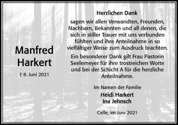 Traueranzeige von Manfred Harkert von Cellesche Zeitung