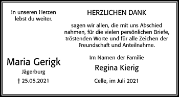 Traueranzeige von Maria Gerigk von Cellesche Zeitung