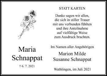 Traueranzeige von Maria Schnappat von Cellesche Zeitung