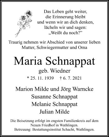 Traueranzeige von Maria Schnappat von Cellesche Zeitung