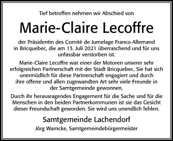 Traueranzeige von Marie-Claire Lecoffre von Cellesche Zeitung