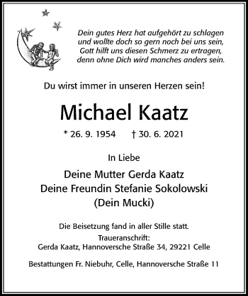 Traueranzeige von Michael Kaatz von Cellesche Zeitung