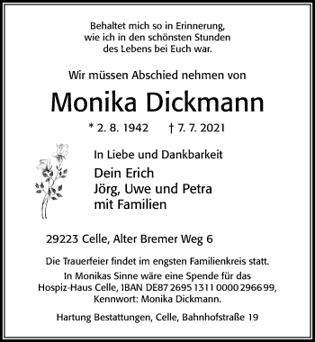 Traueranzeige von Monika Dickmann von Cellesche Zeitung