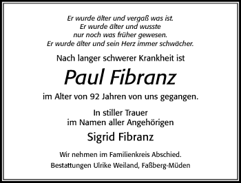 Traueranzeige von Paul Fibranz von Cellesche Zeitung