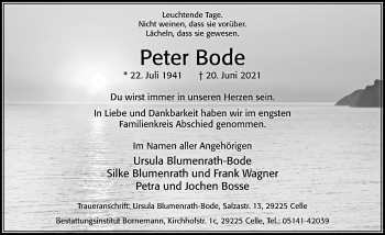 Traueranzeige von Peter Bode von Cellesche Zeitung