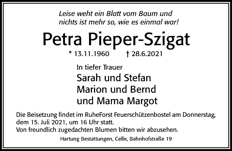  Traueranzeige für Petra Pieper-Szigat vom 10.07.2021 aus Cellesche Zeitung
