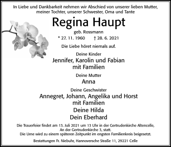 Traueranzeige von Regina Haupt von Cellesche Zeitung