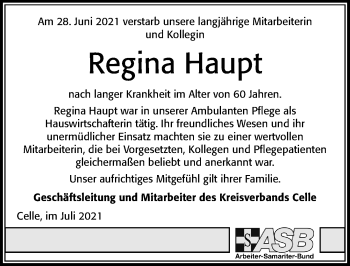 Traueranzeige von Regina Haupt von Cellesche Zeitung